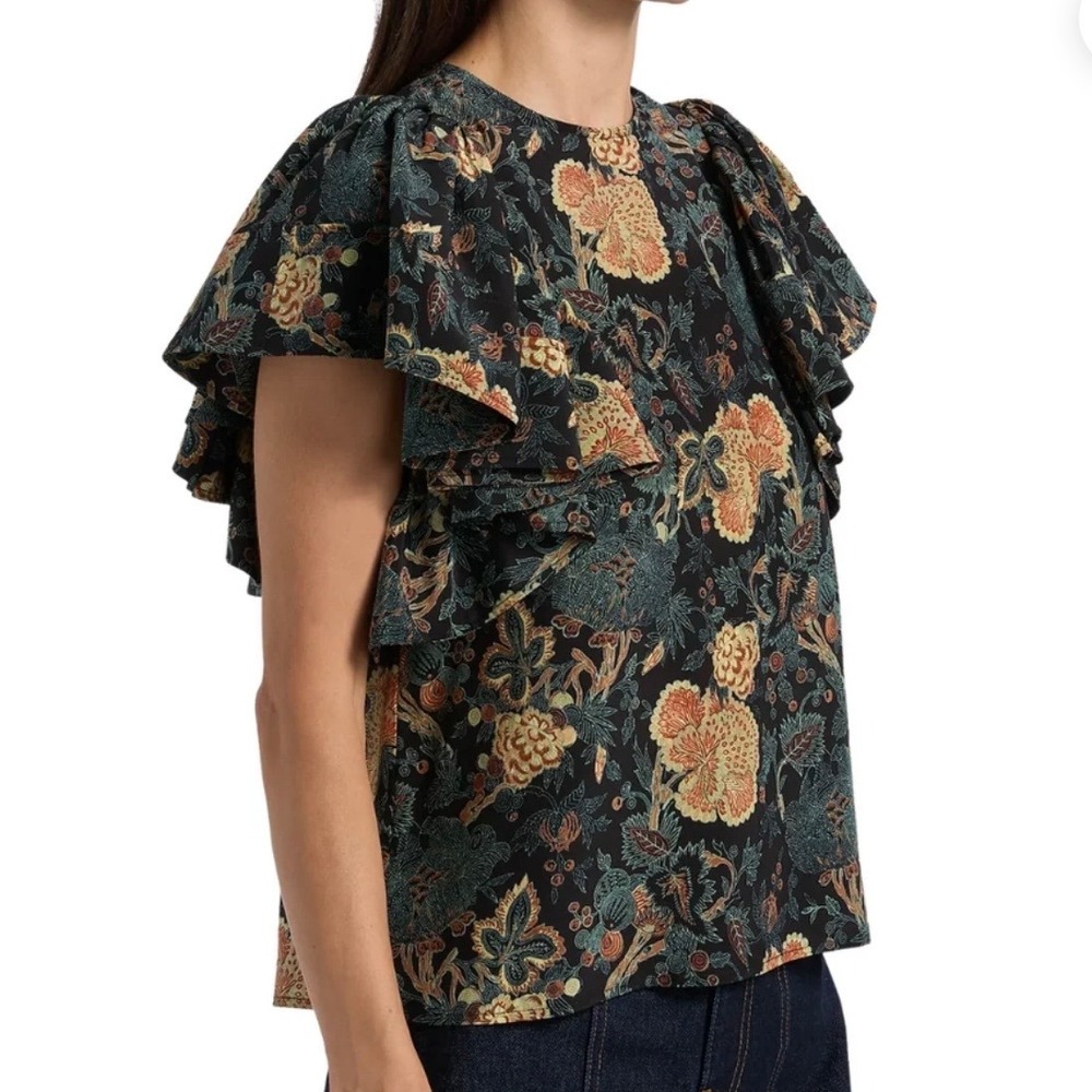 Ulla Johnson Floral Ruffle Cap Sleeve Top Black Orange Teal Silk Blend 16
